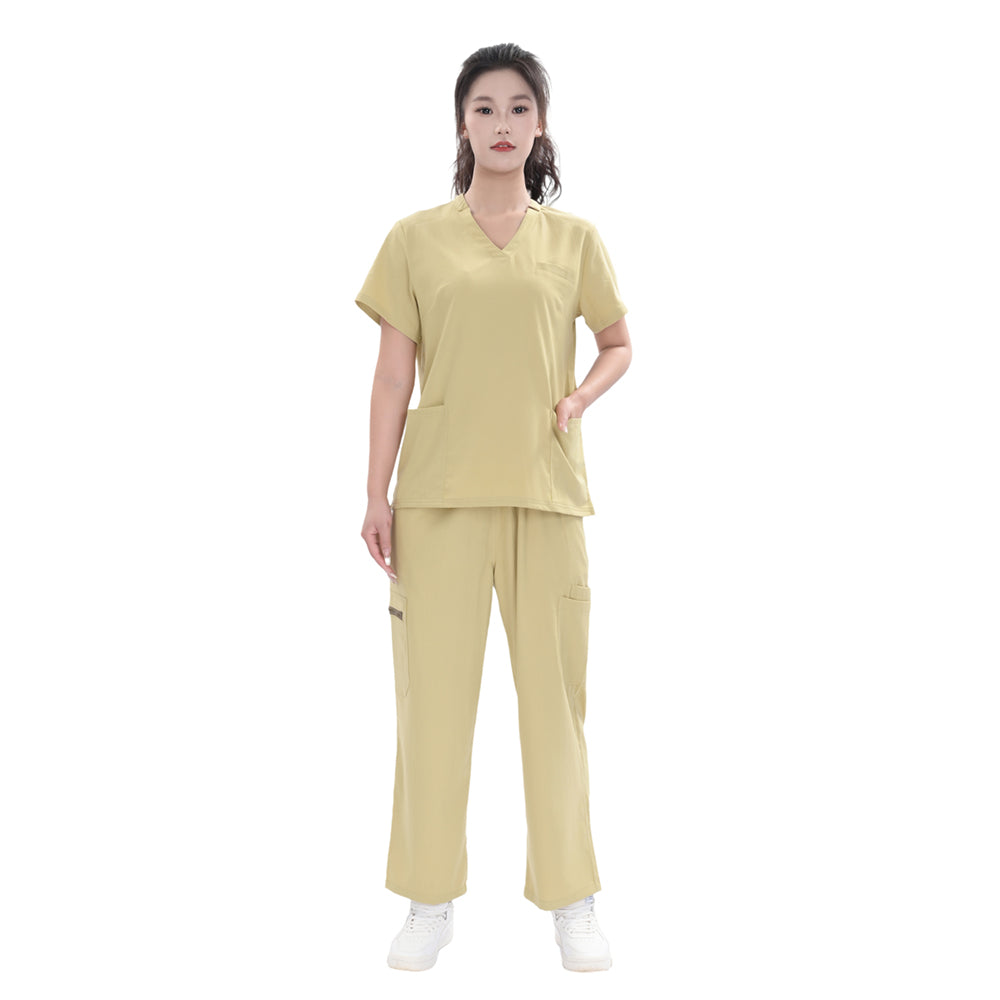 Unisex Khaki Yellow TR Weft Stretch Medical Scrub Short Sleeve Set,Private logo,OEM