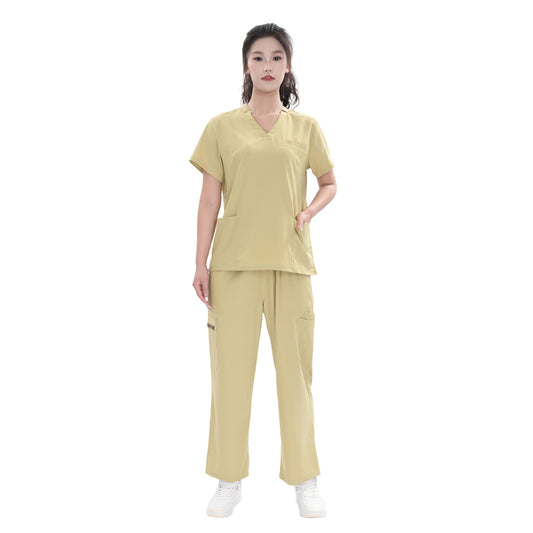 Unisex Khaki Yellow TR Weft Stretch Medical Scrub Short Sleeve Set,Private logo,OEM