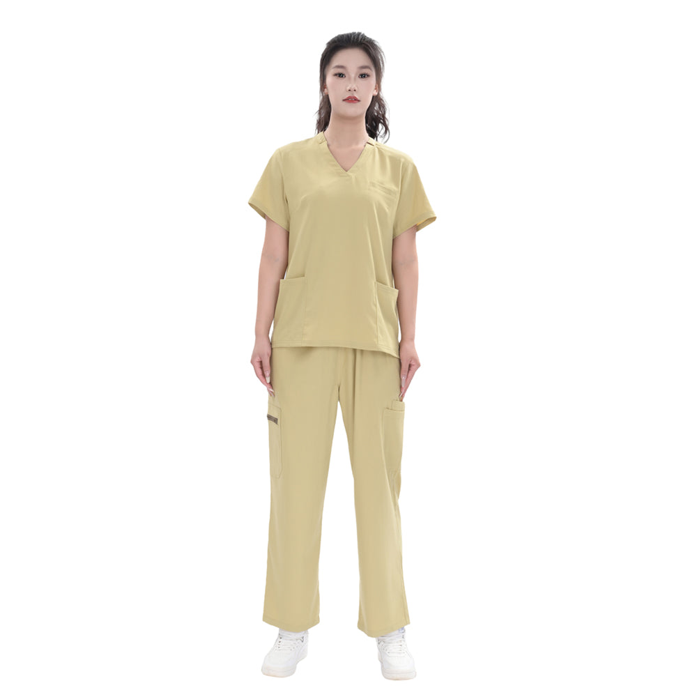 Unisex Khaki Yellow TR Weft Stretch Medical Scrub Short Sleeve Set,Private logo,OEM