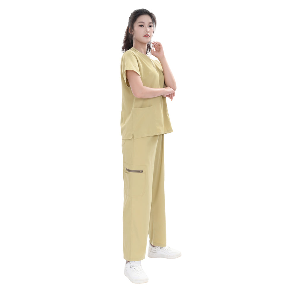 Unisex Khaki Yellow TR Weft Stretch Medical Scrub Short Sleeve Set,Private logo,OEM