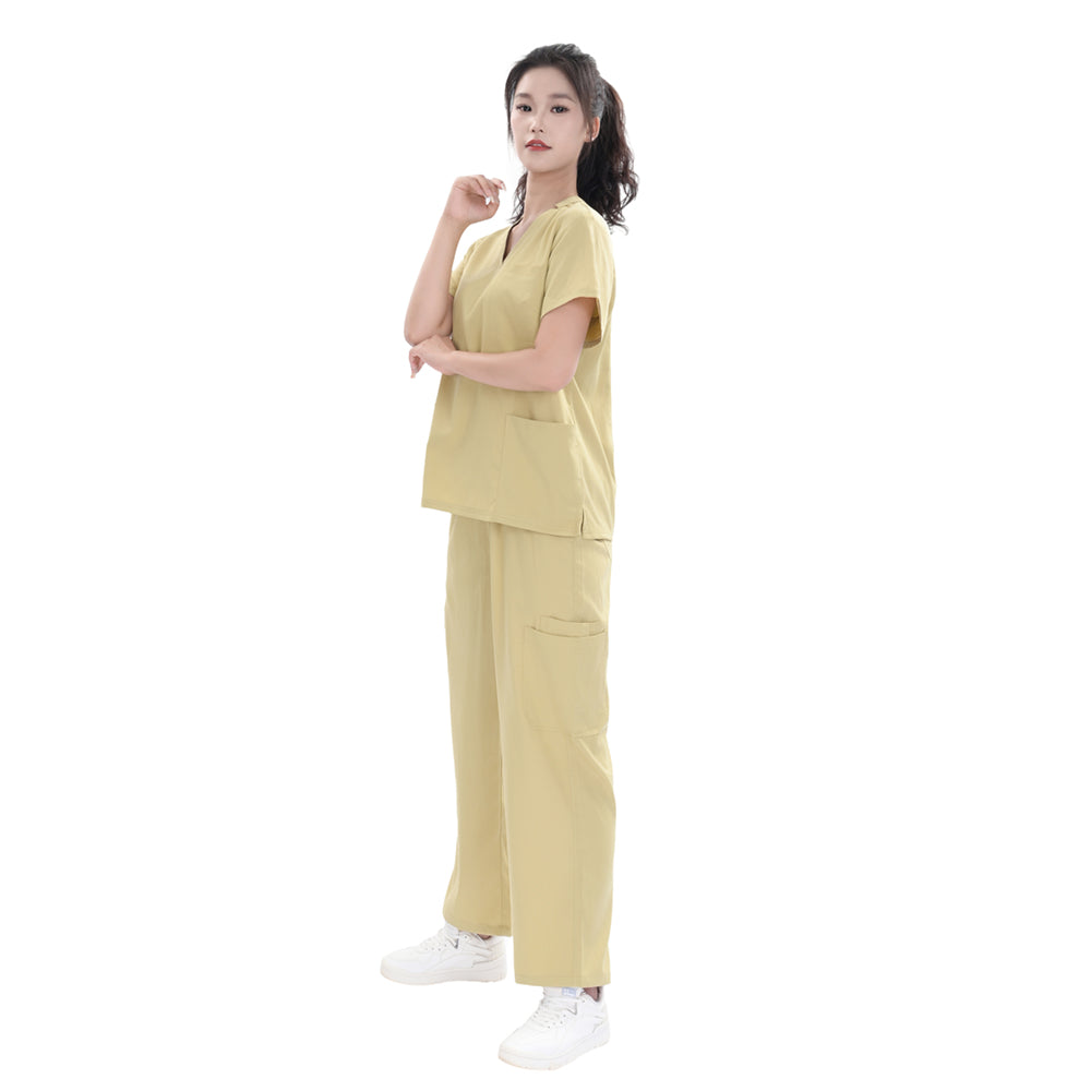 Unisex Khaki Yellow TR Weft Stretch Medical Scrub Short Sleeve Set,Private logo,OEM