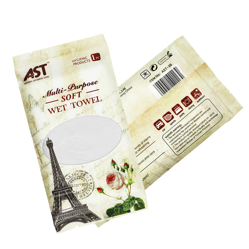 Eiffel Tower Disposable Gold-Edge Microfiber, Johnson's Scent Wet Towel /OEM & Private Label