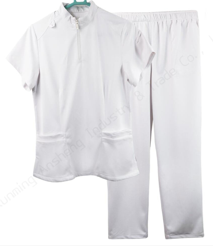 Unisex Medical Scrub Set – Sterile-Look 4-Way Stretch White Zip-Neck Uniform,OEM & private logo