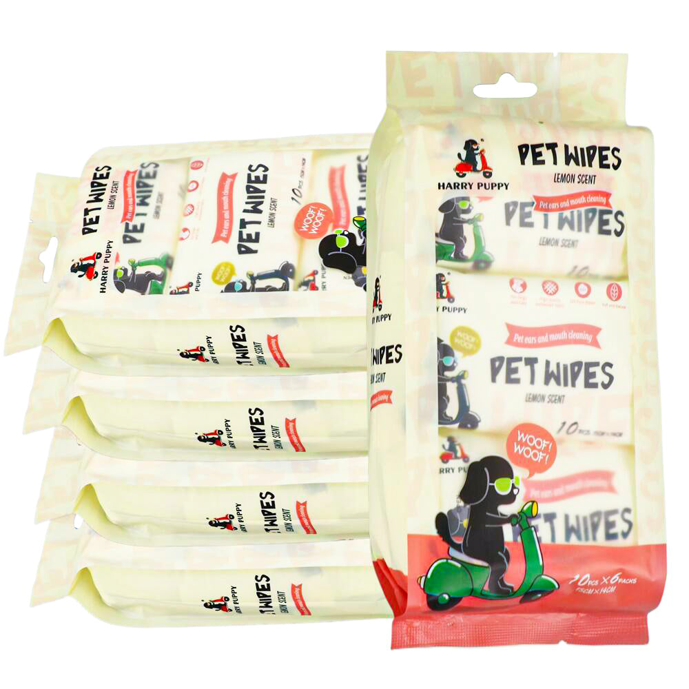 OEM Pet Cleaning Wipes – 10pcs × 6 Mini Packs | Lemon | 14x15cm