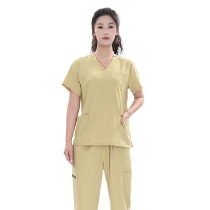 Unisex Khaki Yellow TR Weft Stretch Medical Scrub Short Sleeve Set,Private logo,OEM