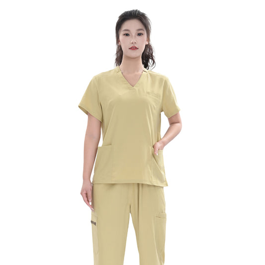 Unisex Khaki Yellow TR Weft Stretch Medical Scrub Short Sleeve Set,Private logo,OEM