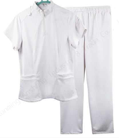 Unisex Medical Scrub Set – Sterile-Look 4-Way Stretch White Zip-Neck Uniform,OEM & private logo