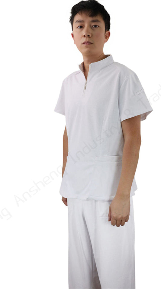 Unisex Medical Scrub Set – Sterile-Look 4-Way Stretch White Zip-Neck Uniform,OEM & private logo