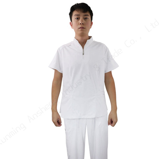 Unisex Medical Scrub Set – Sterile-Look 4-Way Stretch White Zip-Neck Uniform,OEM & private logo